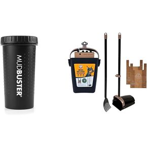 Dexas MudBuster Portable Dog Paw Washer/Paw Cleaner, Large, Matte Black- Special Edition & Arm & Hammer Pooper Scooper Swivel Bin & Rake Dog Poop Scooper, Black