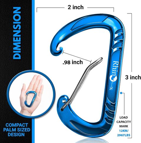 RHINO Produxs 12kN (2697 lbs) Heavy Duty, Locking, Auto Locking, Wiregate Snap and Lightweight Snap Carabiner Clips, for Securing Pets, Outdoor, Camping, Hiking, Hammock, Dog Leash Harness, Keychains in Kuwait