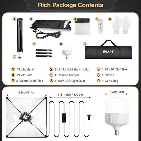 طقم إضاءة Softbox الاحترافي من EMART، صندوق ناعم مقاس 16 × 16 بوصة (مع قفازات) | مجموعة إضاءة LED بقدرة 50 وات 3000-6000 كلفن مع جهاز تحكم عن بعد، مجموعة إضاءة التصوير الفوتوغرافي Softbox للصور الشخصية وتسجيل الفيديو والبث المباشر (عبوة واحدة) in Saudi Arabia