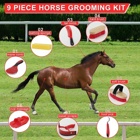 GINDOOR 9 Pieces Horse Grooming Kits, Horse Brush Set with Tote Bag, Horse Bathing Supplies Sweat Scraper Bathing Sponge, Hoof Pick, Curry Comb for Horse Riders Beginners（Blue） in Kuwait