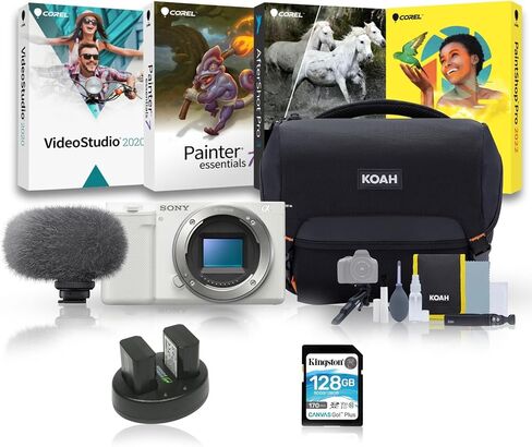 Sony Alpha ZV-E10 APS-C Mirrorless Vlog Camera with Interchangeable Lens - 4K Video, Flip Screen Bundle with Shotgun Microphone, 128GB SD Card, Corel Editing Software, and accessories (6 Items) in Saudi Arabia