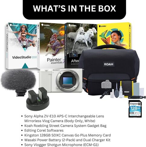 Sony Alpha ZV-E10 APS-C Mirrorless Vlog Camera with Interchangeable Lens - 4K Video, Flip Screen Bundle with Shotgun Microphone, 128GB SD Card, Corel Editing Software, and accessories (6 Items) in Saudi Arabia