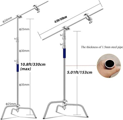 Pro 100% Stainless Steel Heavy Duty C Stand with Boom Arm, 10.8ft/330cm Adjustable Photography Light Stand, 4.2ft/128cm Holding Arm for Studio Monolight Softbox Reflector, Max Load 88lb/40kg in Saudi Arabia