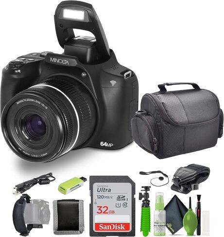 Minolta 64 Mega Pixels Auto Focus Digital Camera with 10x Optical Zoom,4K Ultra HD Video and Macro Shooting, Bundle with 32 GB Memory Card + Vlogging Tripod + Cleaning kit + More Accessories - Purple in Kuwait