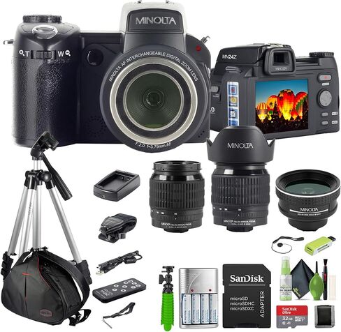 كاميرا MINOLTA MN24Z 33 ميجابكسل ذات التركيز التلقائي / 1080 بكسل FHD الرقمية مع مجموعة عدسات قابلة للتبديل (أسود) مع 4xAA مع شاحن + بطاقة ذاكرة 32 جيجابايت + حامل ثلاثي القوائم لمدونات الفيديو + ملحقات in Kuwait