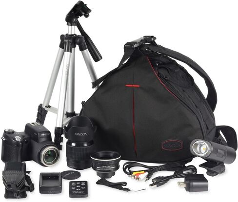 كاميرا MINOLTA MN24Z 33 ميجابكسل ذات التركيز التلقائي / 1080 بكسل FHD الرقمية مع مجموعة عدسات قابلة للتبديل (أسود) مع 4xAA مع شاحن + بطاقة ذاكرة 32 جيجابايت + حامل ثلاثي القوائم لمدونات الفيديو + ملحقات in Kuwait