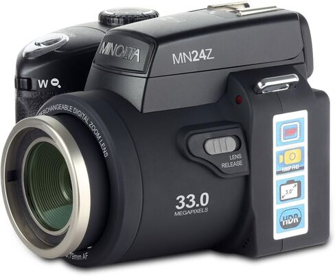 كاميرا MINOLTA MN24Z 33 ميجابكسل ذات التركيز التلقائي / 1080 بكسل FHD الرقمية مع مجموعة عدسات قابلة للتبديل (أسود) مع 4xAA مع شاحن + بطاقة ذاكرة 32 جيجابايت + حامل ثلاثي القوائم لمدونات الفيديو + ملحقات in Kuwait