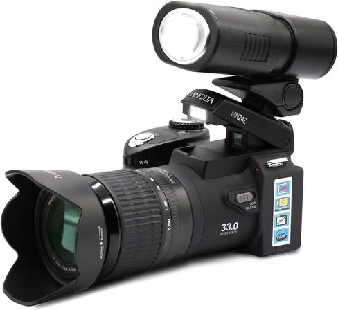 كاميرا MINOLTA MN24Z 33 ميجابكسل ذات التركيز التلقائي / 1080 بكسل FHD الرقمية مع مجموعة عدسات قابلة للتبديل (أسود) مع 4xAA مع شاحن + بطاقة ذاكرة 32 جيجابايت + حامل ثلاثي القوائم لمدونات الفيديو + ملحقات in Kuwait