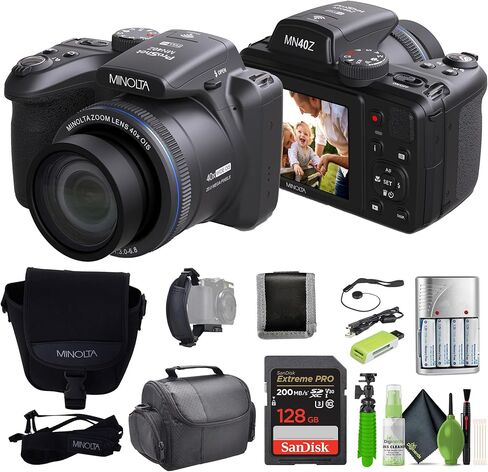 MINOLTA MN40Z 20 Mega Pixels 40x Optical Zoom Digital Camera with 1080p FHD Video, Black, Bundle with 64GB Memory Card + Vlog Tripod + 4xAA Battery with Charger + Accessories in Kuwait