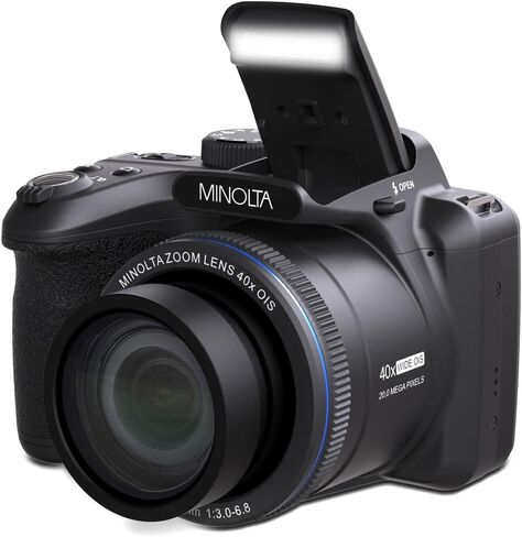 MINOLTA MN40Z 20 Mega Pixels 40x Optical Zoom Digital Camera with 1080p FHD Video, Black, Bundle with 64GB Memory Card + Vlog Tripod + 4xAA Battery with Charger + Accessories in Kuwait