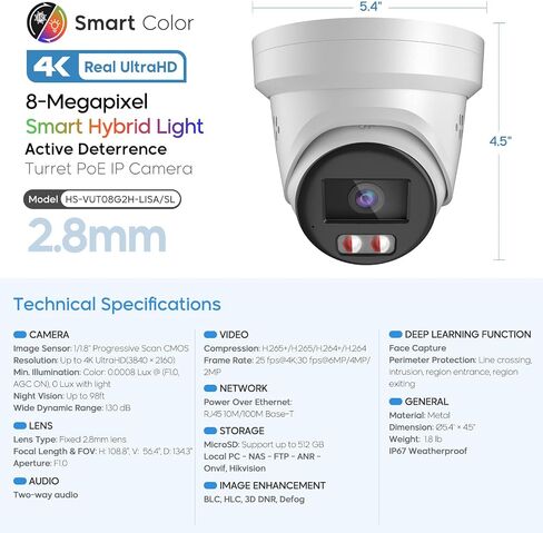 كاميرا IP Turret PoE IP بدقة 8 ميجابكسل مع VCA ذكي، اكتشاف الإنسان/المركبة، مستشعر ضوء النجوم، فتحة بطاقة ميكروفون/SD مدمجة، غطاء معدني كامل، متوافق مع Hikvision NVR، OEM DS-2CD2387G2-LU 2.8 مم in Saudi Arabia