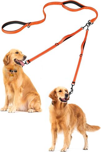 PetBonus Double Dog Leash, No Tangle Dual Leash, Reflective Walking Training Lead, 4 Comfortable Padded Handles for 2 Dogs with Collapsible Bowl and Waste Bags (Black, Large) in Saudi Arabia