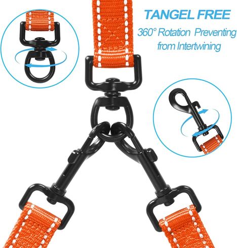 PetBonus Double Dog Leash, No Tangle Dual Leash, Reflective Walking Training Lead, 4 Comfortable Padded Handles for 2 Dogs with Collapsible Bowl and Waste Bags (Black, Large) in Saudi Arabia