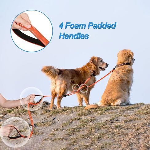 PetBonus Double Dog Leash, No Tangle Dual Leash, Reflective Walking Training Lead, 4 Comfortable Padded Handles for 2 Dogs with Collapsible Bowl and Waste Bags (Black, Large) in Saudi Arabia