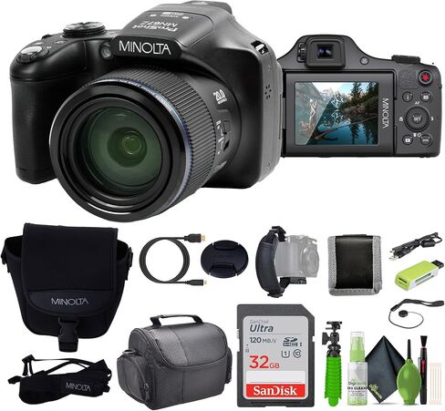كاميرا MINOLTA MN67Z 20 ميجابكسل / 1080 بكسل FHD Bridge الرقمية مع زووم بصري 67x (أسود) حزمة مع بطاقة ذاكرة 32 جيجابايت + حقيبة كامارا + طقم تنظيف + حامل ثلاثي القوائم لمدونات الفيديو + ملحقات in Saudi Arabia