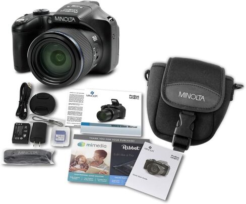 كاميرا MINOLTA MN67Z 20 ميجابكسل / 1080 بكسل FHD Bridge الرقمية مع زووم بصري 67x (أسود) حزمة مع بطاقة ذاكرة 32 جيجابايت + حقيبة كامارا + طقم تنظيف + حامل ثلاثي القوائم لمدونات الفيديو + ملحقات in Saudi Arabia