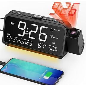 Projection Alarm Clock for Bedroom Ceiling, Digital Clock Projector with Weekday/Weekend Mode, Date, Temperature, Humidity, Type-C USB Charger, Night Light, Snooze, Dual Alarms, DST, Dimmer,12/24H in Kuwait