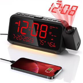 Projection Alarm Clock for Bedroom with Weekday/Weekend Mode,Digital Clock with 350° Rotatable Projector,5-Level Dimmer,Adjustable Volume,Temp & Humidity Monitor,Calendar,Snooze,12/24H,Battery Backup in Kuwait