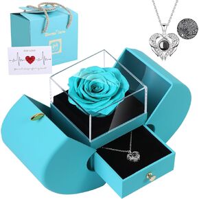 Preserved Red Real Rose Box with I Love You in 100 Languages Necklace,Gifts for Girlfriend/Women/Mom/Wife/Best Friend on Valentine's Day/Birthday/Christmas