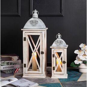 TIMRIS Large Farmhouse Wooden Metal Lantern Set of 2, Rustic Decorative Floor Candle Lanterns, Vintage Distressed Hanging Lanterns for Home Décor (No Glass)