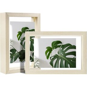 Egofine 4x6 Floating Frames Set of 2, Double Glass Picture Frame, Made of Solid Wood Display Any Size Photo up to 4x6, Wall Mount or Tabletop Standing, Beige