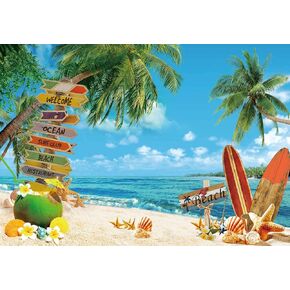 7x5ft Polyester Fabric Summer Beach Backdrop Tropical Seaside Background Island Palm Trees Photography Blue Sea Sky Hawaii Aloha Luau Party Decoration Banner Pictures Photo Props