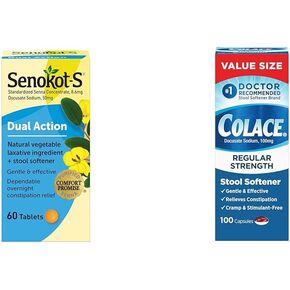 Senokot S Dual Action Natural Vegetable Laxative Ingredient Plus Stool Softener Tablets, Gentle Dependable Overnight Relief of Occasional Constipation, 30 Count