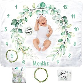 Evovee Baby Monthly Milestone Blanket Girl Boy Unisex Month Age Photo Leaves Eucalyptus Nursery Decor Photography Backdrop Newborn Props Gender Neutral Wreath New Moms