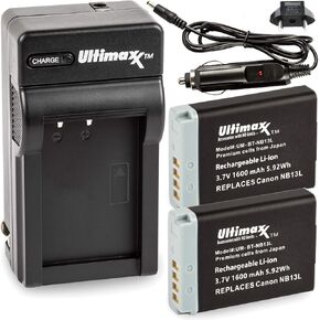 Ultimaxx Rapid Travel Charger with 2X NB-13L Extended Life Battery (1600mAh) for Canon PowerShot G1 X Mark III, G5 X, G7 X, G7 X Mark II, G9 X, G9 X Mark II, SX620 HS, SX720 HS, SX730 HS, SX740 HS