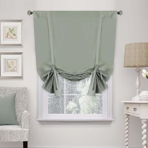 Mightree Blackout Tie Up Curtains for Windows, Three-Layer Woven Roman Curtains, Thermal Insulated Balloon Curtain, Shade Rod Valance Curtains for Kitchen, Living Room, Bedroom, Green, 42" Wx63 L