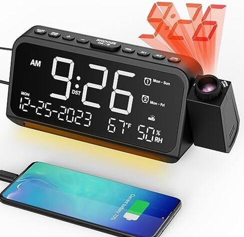 Projection Alarm Clock for Bedroom Ceiling, Digital Clock Projector with Weekday/Weekend Mode, Date, Temperature, Humidity, Type-C USB Charger, Night Light, Snooze, Dual Alarms, DST, Dimmer,12/24H in Kuwait
