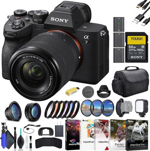 Sony a7 IV Mirrorless Camera with 28-70mm Lens ILCE-7M4K/B, 64GB Memory Card, Filter Kit, Wide Angle Lens, Telephoto Lens, Color Filter Kit, Lens Hood, Bag, and More in Saudi Arabia