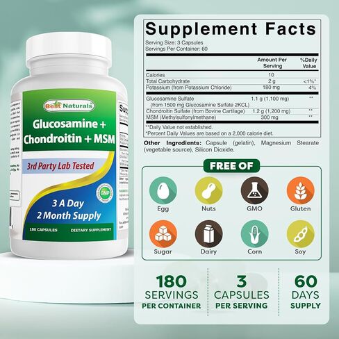 Best Naturals، مكملات الجلوكوزامين كوندرويتين ومكملات المفاصل MSM، 2600 مجم لكل وجبة، (180 قطعة (عبوة من 3)) in Saudi Arabia