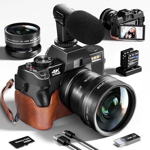 Digital Camera for Photography and Video,4K 48MP Vlogging Camera for YouTube with 180° Flip Screen,16X Digital Zoom,52mm Wide Angle,Leather Hold & Strap, 2 Batteries, 32GB TF Card（2024,Black） in Saudi Arabia