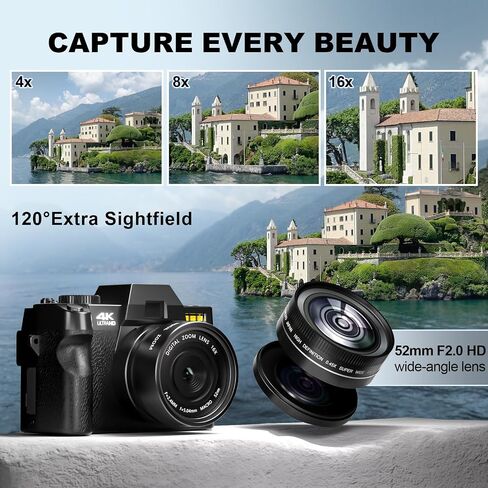 Digital Camera for Photography and Video,4K 48MP Vlogging Camera for YouTube with 180° Flip Screen,16X Digital Zoom,52mm Wide Angle,Leather Hold & Strap, 2 Batteries, 32GB TF Card（2024,Black） in Saudi Arabia
