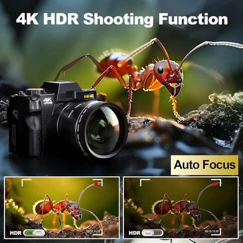 Digital Camera for Photography and Video,4K 48MP Vlogging Camera for YouTube with 180° Flip Screen,16X Digital Zoom,52mm Wide Angle,Leather Hold & Strap, 2 Batteries, 32GB TF Card（2024,Black） in Saudi Arabia