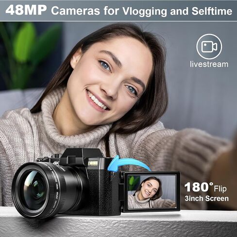 Digital Camera for Photography and Video,4K 48MP Vlogging Camera for YouTube with 180° Flip Screen,16X Digital Zoom,52mm Wide Angle,Leather Hold & Strap, 2 Batteries, 32GB TF Card（2024,Black） in Saudi Arabia