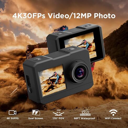 كاميرا الحركة 4K 30FPS بدقة 12 ميجابكسل، شاشة مزدوجة مع تثبيت 2.0، كاميرا مقاومة للماء تحت الماء 30 مترًا وزاوية واسعة 170 درجة وكاميرات رياضية WiFi مع مجموعات الملحقات in Saudi Arabia