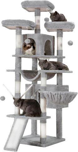 Hey-brother Cat Tree, 71 inches XL Large Cat Tower for Indoor Cats, Multi-Level Cat House with 3 Padded Perches, Big Scratcher, Cozy Basket, 2 Cat Condos and Scratching Posts, Beige MPJ034M in Kuwait