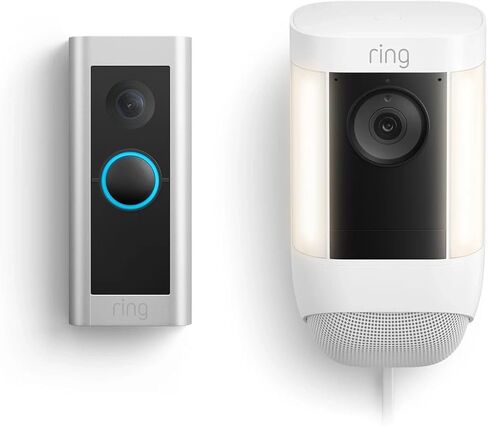 جرس باب سلكي من Ring مع كاميرا Ring Spotlight Cam Pro، بمقبس كهربائي باللون الأبيض in Kuwait