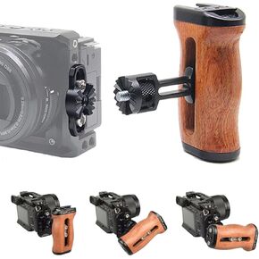 360° Rotational Camera Cage Side Handle Grip with Cold Shoe, Wooden Side Handgrip with 1/4" 3/8" Threaded Holes for Camera Cage