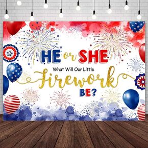 7x5ft Firework Gender Reveal Backdrop He Or She What Will Our Little Firework Be 4th of July Gender Reveal Photography Background Red White Blue Independence Day Gender Reveal Party Decoration