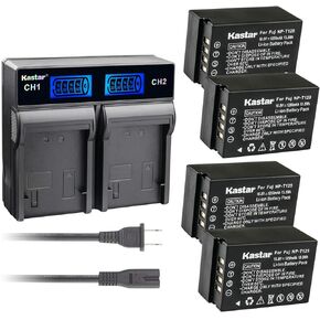 Kastar 4 Pack Battery and LCD Dual Rapid Charger Compatible with Fujifilm NP-T125 NPT125 Battery, BC-T125 Charger, Fujifilm GFX 50S GFX50S GFX 50R GFX50R GFX 100 GFX100 Camera, Fujifilm VG-GFX1 Grip