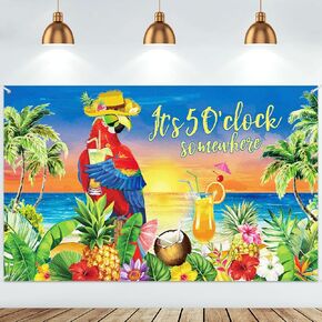 Mixweer It's 5 O'Clock Somewhere Backdrop Parrot Summer Tropical Background Polyester Hawaiian Beach Banner for Aloha Luau Party Decoration Supplies Holiday Photo Prop Indoor Outdoor, 73 x 43 Inch