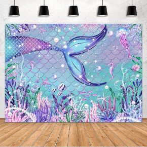 Avezano Mermaid Backdrop for Girls Birthday Under The Sea Little Mermaid Party Banner Decorations Purple Corals Pearls Glitter Scales Underwater Photography Background Supplies (Purple, 6x4ft)