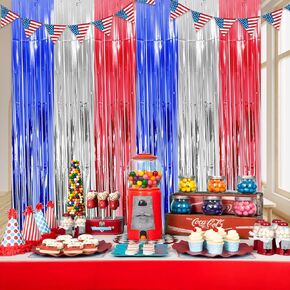 2 Pack of 3.3x6.6ft Red White and Blue Tinsel Foil Fringe Curtain Streamers 4th of July Decorations America Patriotic Memorial Day Independence Day Labor Day Party Backgrounds Photo Shoot Props