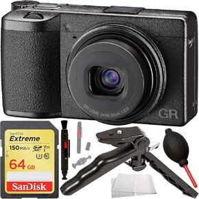 Ricoh GR III Digital Camera with Starter Accessory Bundle – Includes: SanDisk Extreme 64GB SDXC Memory Card + 6.5" Tabletop/Pistol Grip Tripod + Cleaning Pen + Dust Blower + Microfiber Cleaning Cloth