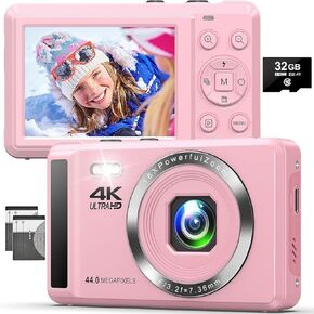 Digital Camera 4K UHD Vlogging Camera, 44MP Autofocus Compact Camera with 16X Digital Zoom with 32GB SD Card, 2 Batteries for Teens Kids Boys Girls, Pink in Saudi Arabia