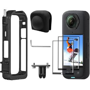 Aluminum Frame Cage for Insta360 X4, Protective Case for Insta 360 X4 with Cold Shoe Mount, Folding Fingers, Silicone Lens Cap and 9H Tempered glass screen protector