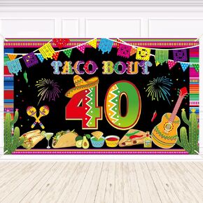 Taco Bout 40th Birthday Banner Backdrop Decorations for Men Women, Happy 40 Fiesta Mexican Birthday Party Supplies, Fiesta Mexican Theme 40 Year Old Poster Background Photo Booth Props Decor